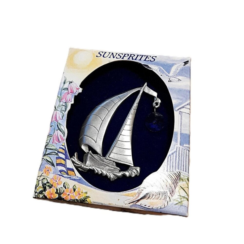 Vintage Pewter Sailboat Suncatcher Austrian Crystal Sail Boat Coastal Beach
